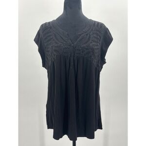 Daniel Rainn Black Lace Crochet V Neck Button Front Short Sleeve Top XL